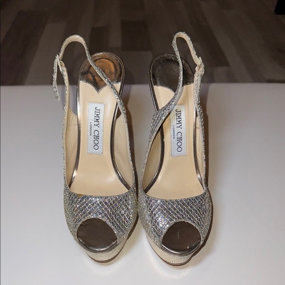 Jimmy Choo Glitter Fabric Champagne Peep Toe Sling Back Heel Size 37 Authentic - Picture 3 of 16